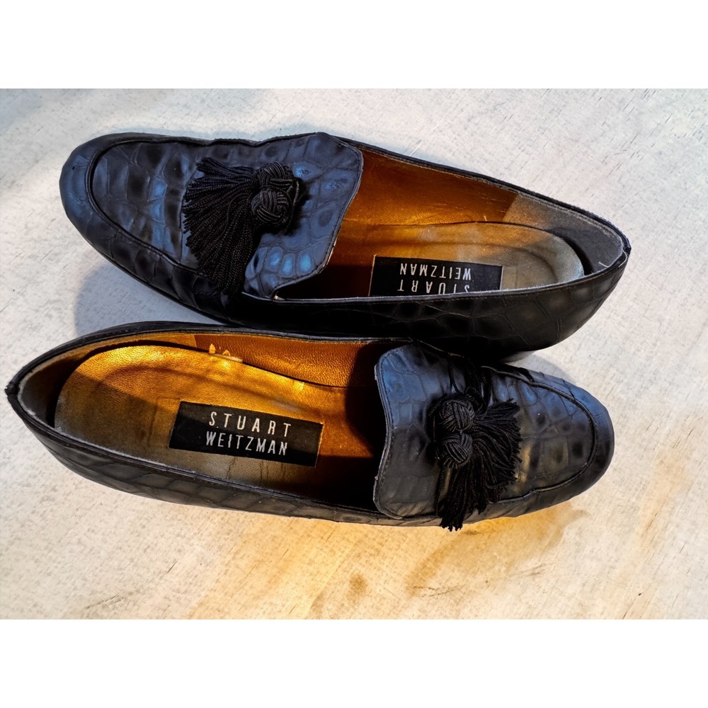 Stuart Weitzman Loafer Shoes Womens 6.5M Black Leather Heel Croc Embossed Tassel - Picture 10 of 10